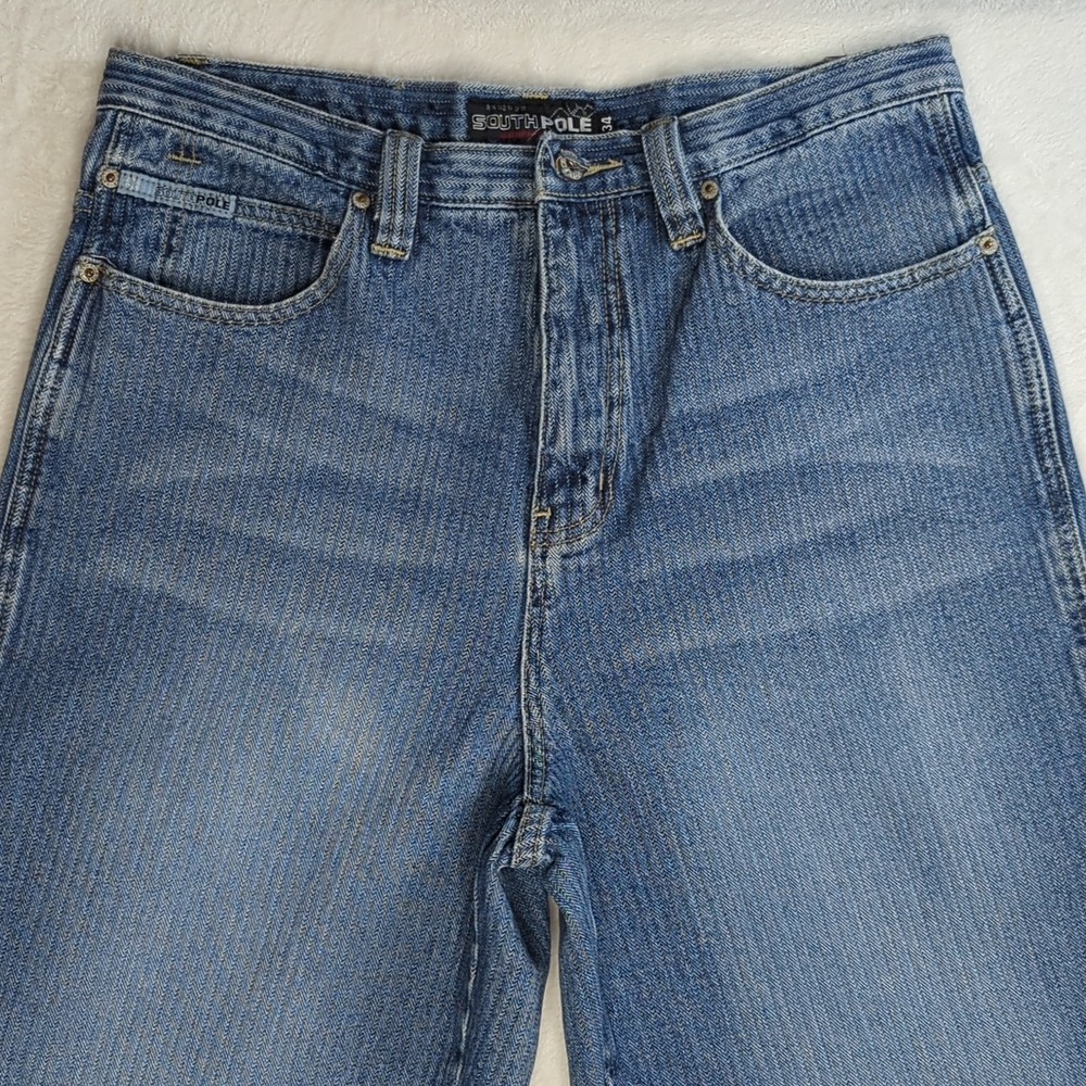 Y2K South Pole Mens Ribbed Straight Leg Blue Jeans Size 34X32 Baggy Wide Leg